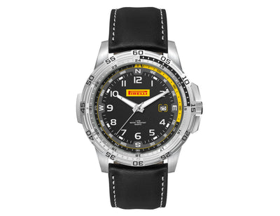 Sports Watch, Leather Strap - Sports watch with a black leather strap, stainless steel case, and a black dial featuring yellow accents and a date display.