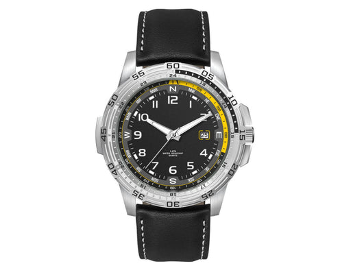 Sports Watch, Leather Strap - A sports watch featuring a black leather strap, stainless steel case, and a black dial with yellow accents.