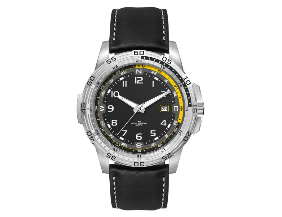 Sports Watch, Leather Strap - A sports watch featuring a black leather strap, stainless steel case, and a black dial with yellow accents.