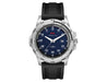 Sports Watch, Silicone Strap - A sports watch with a navy blue dial and silver-tone case, featuring a black silicone strap and a logo.