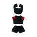 Plush Doll Racing Suit Set (15–17cm Doll) - A black racing suit set for dolls, featuring a visor, red and black top, and black shorts.