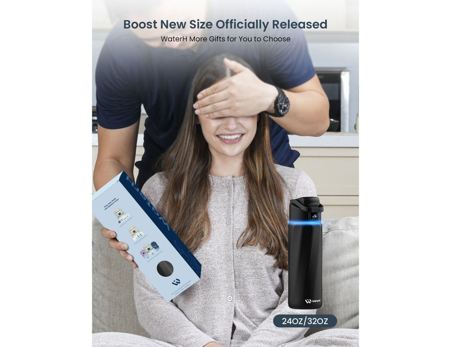 WaterH Boost Smart Bottle 24oz (710ml) - A drink bottle in black with a sleek design, displayed alongside its packaging and a person holding it.
