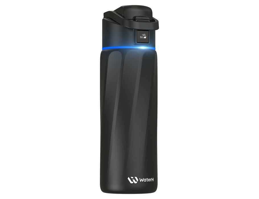 WaterH Boost Smart Bottle 24oz (710ml) - A drink bottle in matte black with a sleek design and a logo, featuring an LED indicator on the lid.