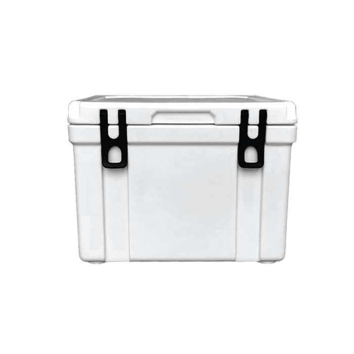 25L Cooler Box - A white cooler box with black latches, featuring a sturdy design and a secure lid. It has a simple, functional style.