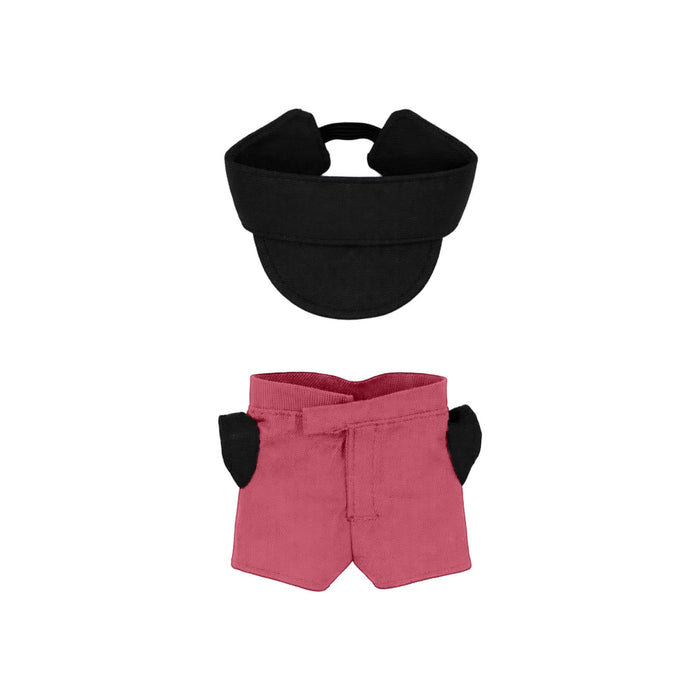 Plush Doll Racing Suit Set (10cm Doll) - A black visor cap and pink shorts set for a 10cm plush doll, featuring black accents on the shorts.