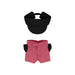 Plush Doll Racing Suit Set (10cm Doll) - A black visor cap and pink shorts set for a 10cm plush doll, featuring black accents on the shorts.