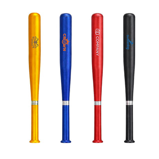 Plastic Baseball Bat Shape Pen - A set of four plastic baseball bat shape pens in yellow, blue, red, and black, each with a logo.