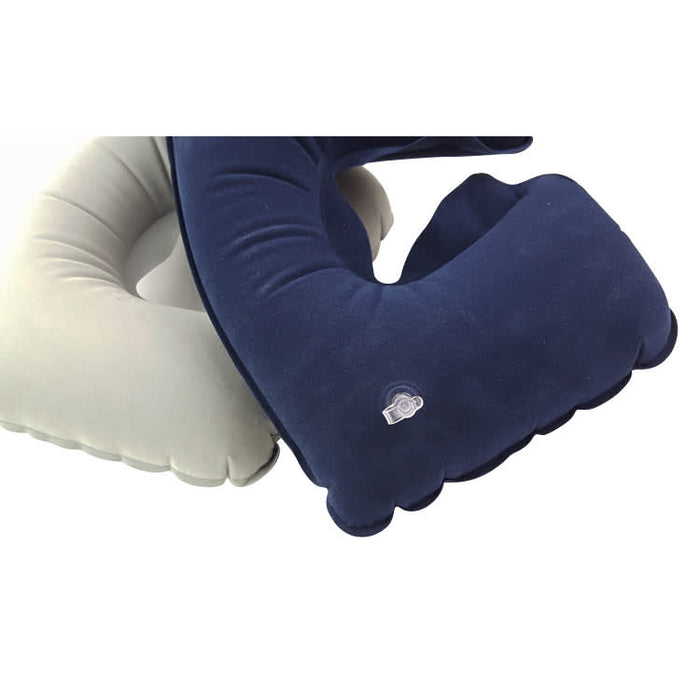 Inflatable travel Pillow - An inflatable travel pillow in blue and grey, featuring a logo, with a soft, textured surface.