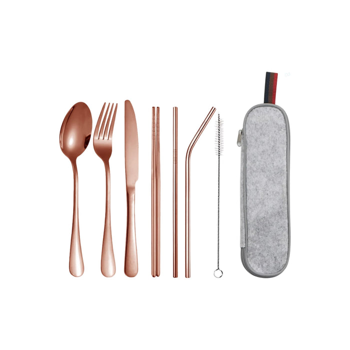 Stainless Steel Flatware Set 7pcs - A stainless steel flatware set featuring rose gold utensils, including a spoon, fork, knife, and straws, in a grey case.