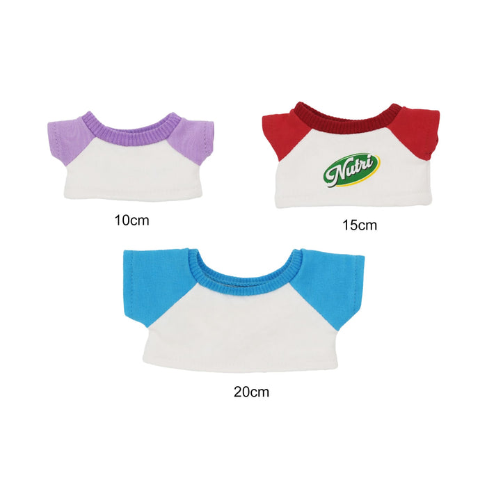 Plush Doll Raglan T-Shirt - Three plush doll raglan t-shirts in purple, red, and blue, measuring 10cm, 15cm, and 20cm, with a logo on one.