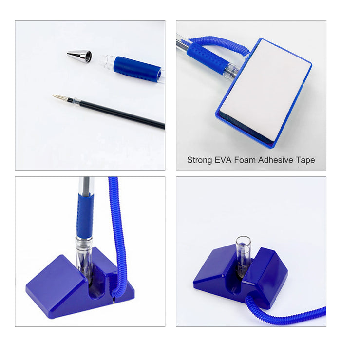 Counter Fixed Signature Pen A - A blue fixed signature pen with a triangular stand and a white adhesive pad. Includes a retractable pen tip.