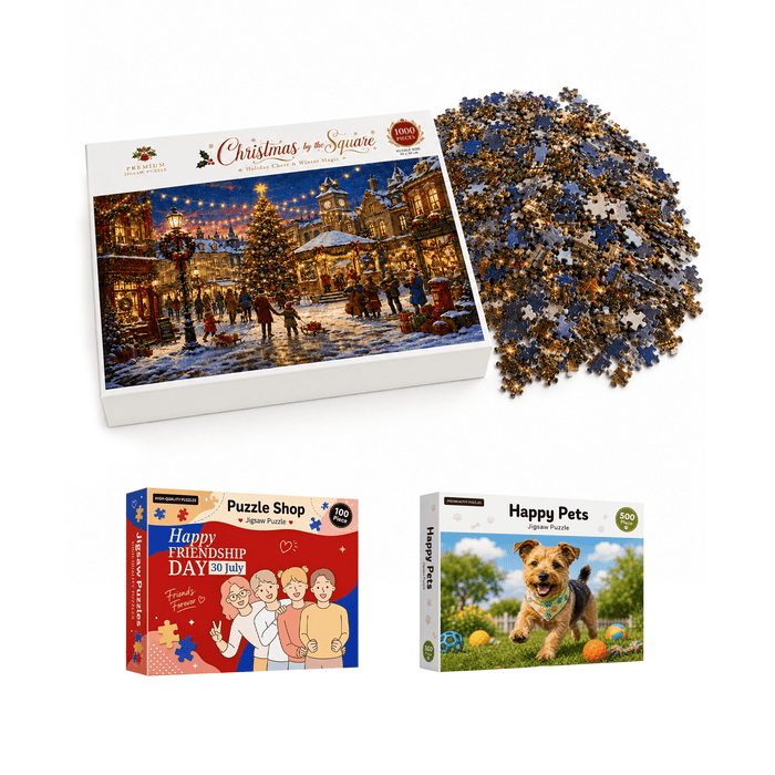 Custom Gift Box Jigsaw Puzzle - A collection of jigsaw puzzles in festive and playful themes, featuring colourful puzzle pieces and decorative boxes.