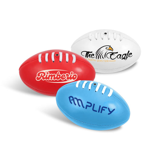 Mini Promotional Aussie Rules Ball - Three mini promotional Aussie Rules balls in red, white, and blue, each featuring a logo.