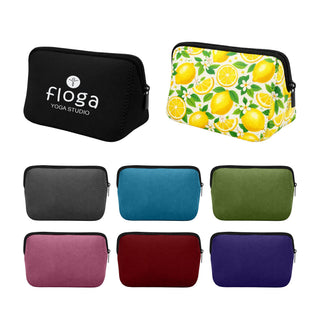 Neoprene Cosmetic Bag - A neoprene cosmetic bag in various colours, including black, grey, teal, green, pink, red, and purple, featuring a lemon-patterned design.