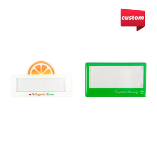 Custom Reusable Acrylic Name Badge - Custom reusable acrylic name badges in white and green, featuring a logo on one badge.