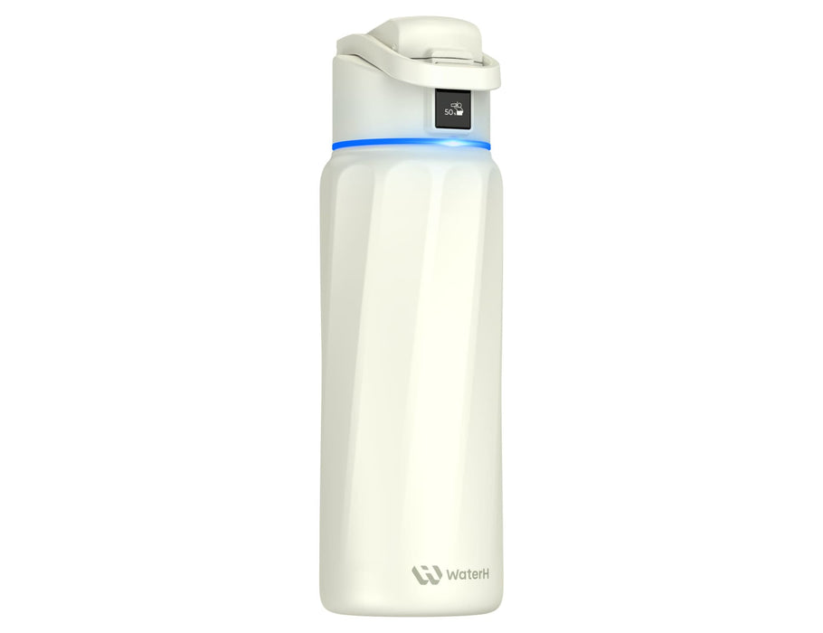 WaterH Boost Smart Bottle 32oz (946ml) - A drink bottle in white with a blue accent and a logo, designed for hydration and featuring a secure lid.