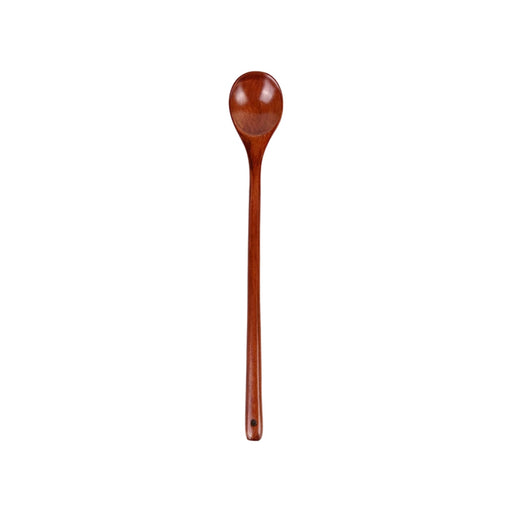 Long Handle Wooden Spoon - A long handle wooden spoon in a rich brown hue, featuring a smooth, rounded spoon head and a slender, elongated handle.