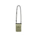 Minimalist Crossbody Phone Bag - A minimalist crossbody phone bag in light green with a patterned strap and a small front pocket. It features a logo.