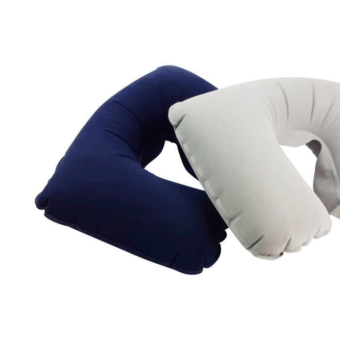 Inflatable travel Pillow - Two inflatable travel pillows in navy blue and light grey, featuring a curved design. Each has a logo.