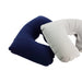Inflatable travel Pillow - Two inflatable travel pillows in navy blue and light grey, featuring a curved design. Each has a logo.