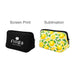 Neoprene Cosmetic Bag - A black neoprene cosmetic bag with a logo and a yellow bag with a lemon pattern. Both feature zippers.