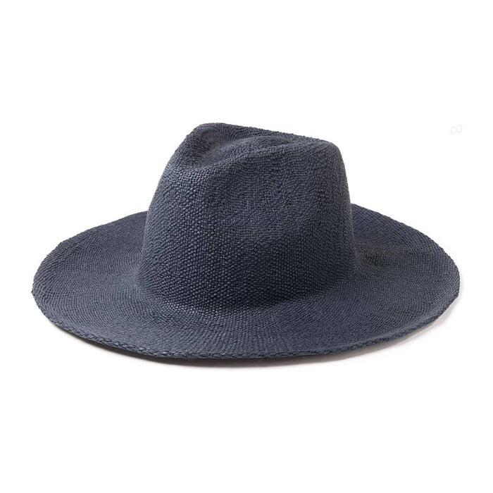 Airlie Paper Straw Hat - A navy blue straw hat with a wide brim and a slightly tapered crown, featuring a logo on the side.
