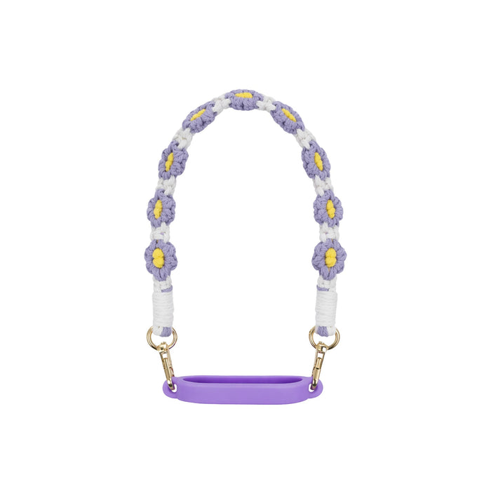 Woven Flower Tumbler Strap - A drink bottle strap featuring a woven purple and white floral design with yellow accents and gold clips.
