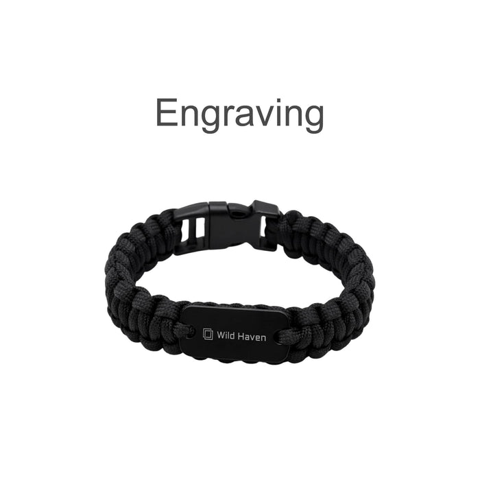 Paracord Bracelet with Metal Plate - A black paracord bracelet featuring a metal plate and a clasp, suitable for custom engraving.