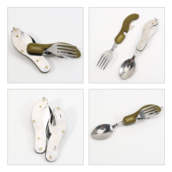 Camping Cutlery - A camping cutlery set featuring a green handle, including a fork and spoon, with a compact folding design.