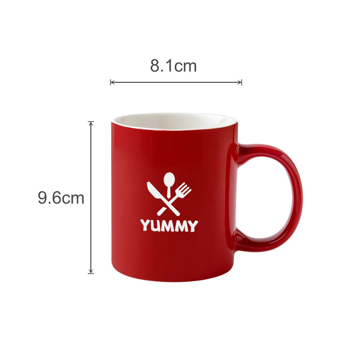 Laser Engraving Ceramic Mug - A red ceramic mug with a white logo featuring a fork and spoon, measuring 8.1cm in diameter and 9.6cm in height.