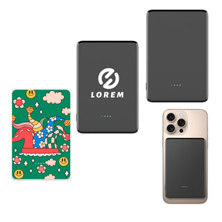 5000mAh Magnetic Wireless  Power Bank - A collection of power banks, including a colourful design and a sleek black model, with a logo present.