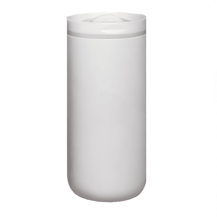 The Siena 450ml Vacuum Tumbler - A drink bottle in white, featuring a sleek design with a lid and a logo.