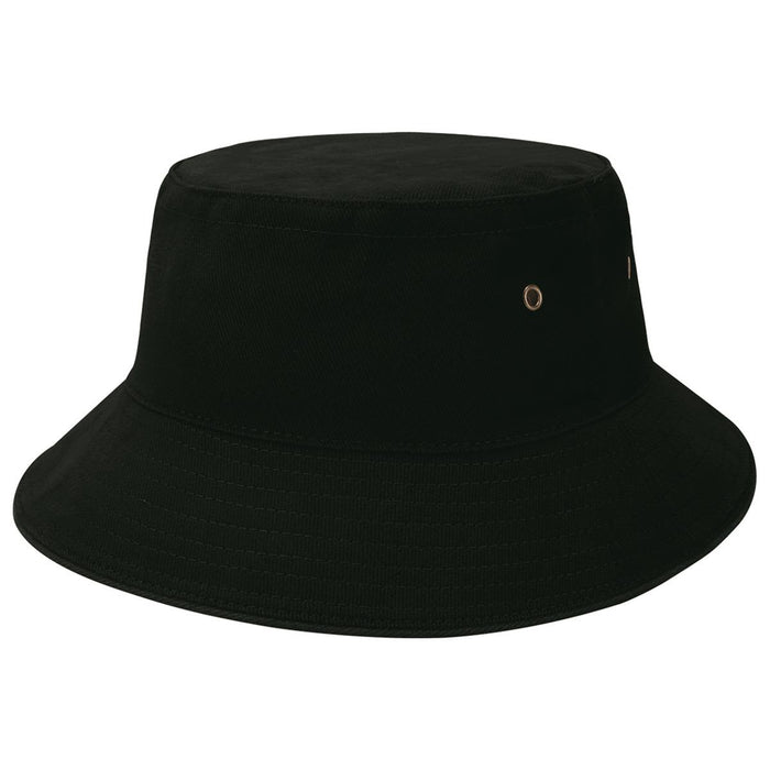 Sandwich Brim Bucket Hat - A black brim bucket hat featuring a gold eyelet detail and a structured design. Includes a logo.