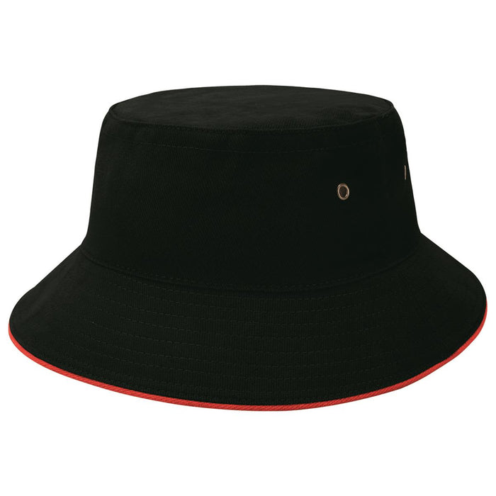 Sandwich Brim Bucket Hat - A black bucket hat with a red trim and metal eyelets, featuring a logo on the side.