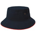 Sandwich Brim Bucket Hat - A navy bucket hat with a red trim and a logo. It features ventilation eyelets on the sides.
