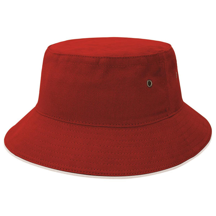 Sandwich Brim Bucket Hat - A red Sandwich Brim Bucket Hat with a wide brim and ventilation eyelets. Features a branded logo.