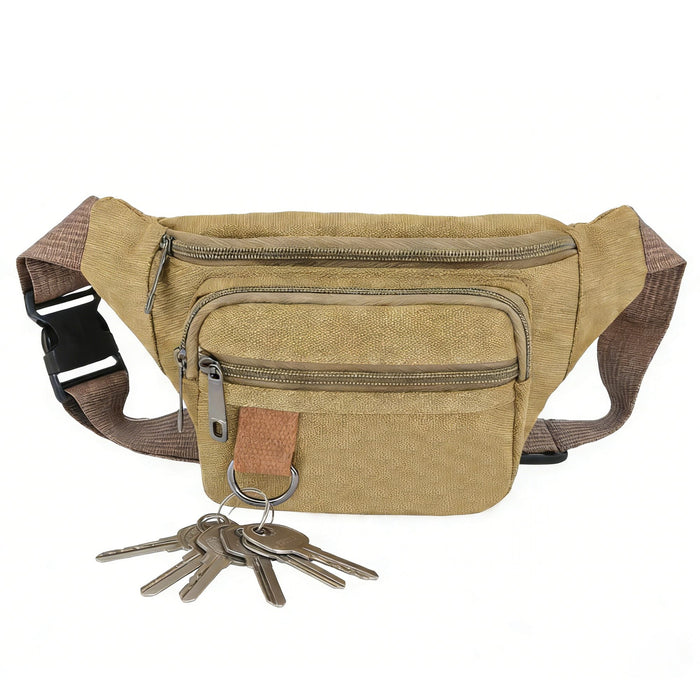 Canvas Waist Bag - A tan canvas waist bag with multiple zippered pockets and a key ring attached, featuring a brown strap.