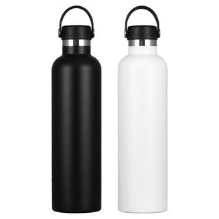 The Tank 2.0 Stainless Steel 1L Drink Bottle - A drink bottle set featuring a matte black and a matte white stainless steel design, each with a handle and a branding logo.