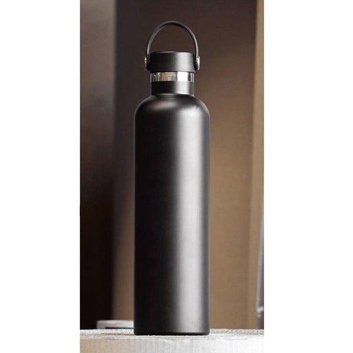The Tank 2.0 Stainless Steel 1L Drink Bottle - A drink bottle made of stainless steel, featuring a matte black finish and a carrying handle. It has a logo on the side.