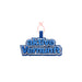 Custom Felt Logo Hanging Tag - A blue and white felt hanging tag with a logo and a pink attachment.