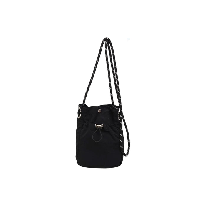 Lightweight Shoulder Phone Bag - A black lightweight shoulder phone bag with a drawstring closure and a braided strap. It features a small logo.