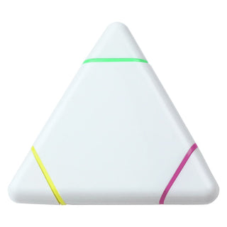 Triangular Highlighter - A triangular highlighter in white with green, yellow, and pink accents. Features a logo on one side.