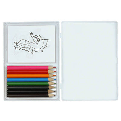 Colouring Set - A colouring set featuring an assortment of coloured pencils in red, blue, green, yellow, black, and brown, with blank sheets.