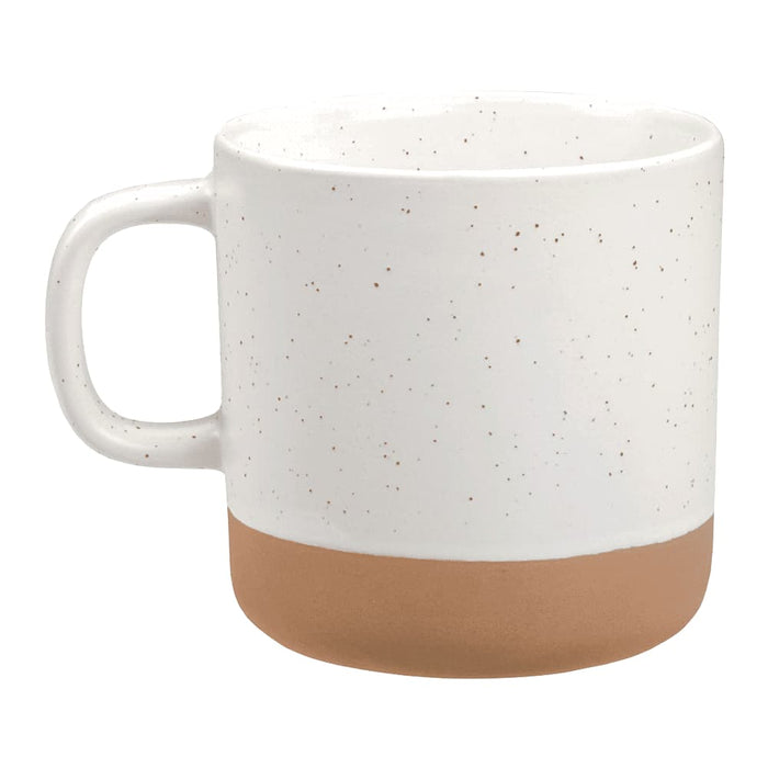 Santos 350ml Artisanal Ceramic Coffee Mug - A ceramic coffee mug in white with a speckled finish and a terracotta base, featuring a handle and a logo.