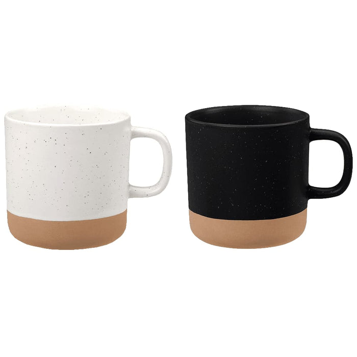 Santos 350ml Artisanal Ceramic Coffee Mug - A set of two artisanal ceramic coffee mugs, one white with speckles and a tan base, and one solid black with a tan base.