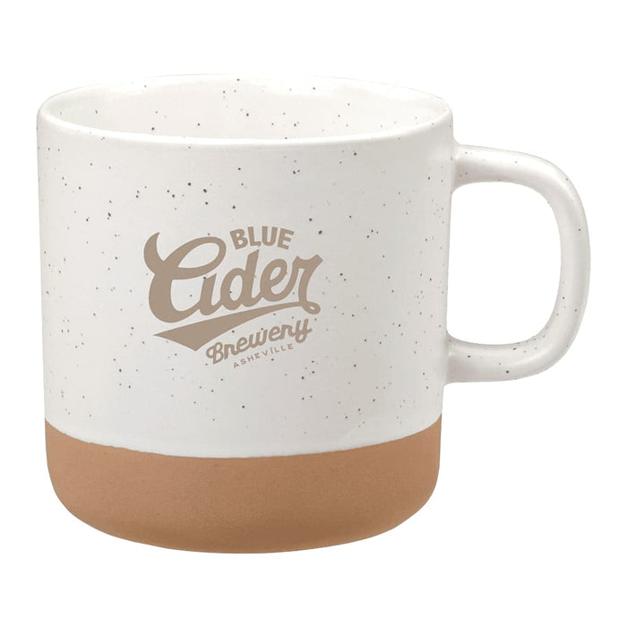 Santos 350ml Artisanal Ceramic Coffee Mug - A ceramic coffee mug with a speckled white finish and a brown base, featuring a logo.