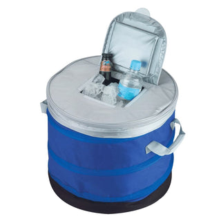 Top Opening Cooler Bag - A circular top opening cooler bag in blue, filled with ice, a drink bottle, and two beverage cans.
