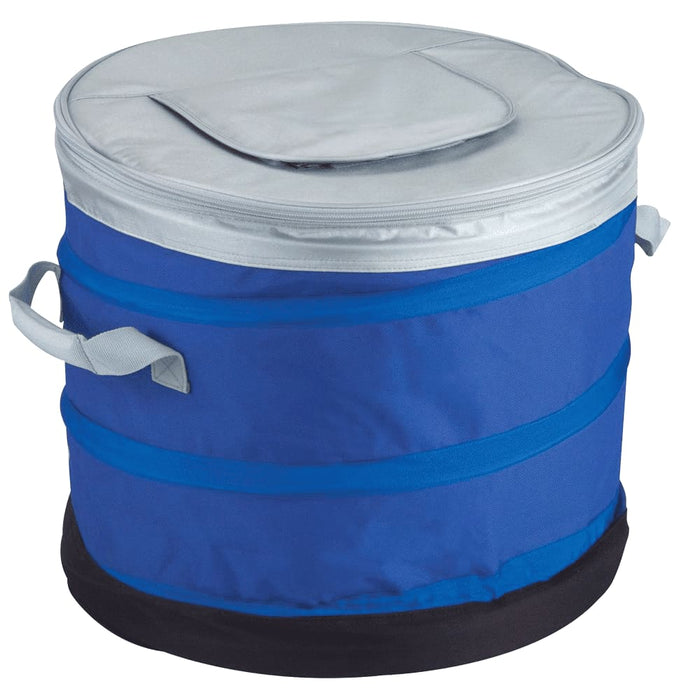 Top Opening Cooler Bag - A round top opening cooler bag in blue and silver, featuring handles for easy transport. It has a logo on the front.