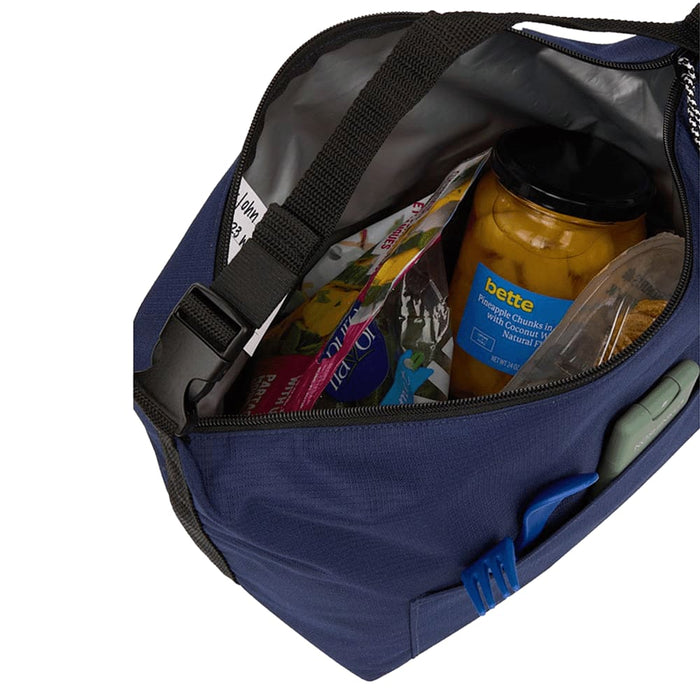 Caribou Drift Recycled 9 Can Lunch Cooler - A navy cooler bag featuring snacks and a jar inside, with a shoulder strap and zippered closure.