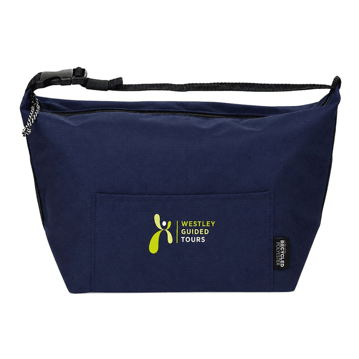 Caribou Drift Recycled 9 Can Lunch Cooler - A navy blue cooler bag with a zipper, featuring a front pocket and a logo. Made from recycled materials.